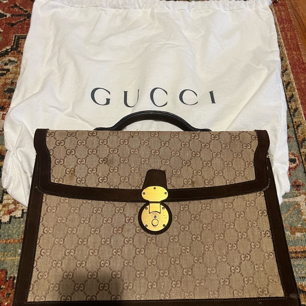 Gucci Beige GG Canvas Briefcase with Brown Trim and Gold Hardware